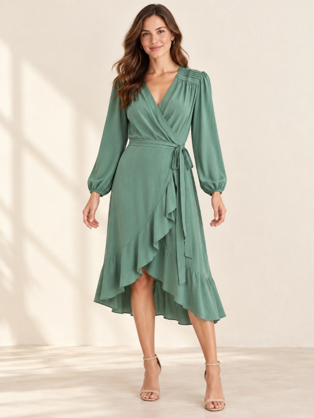 Reverof Green Wrap Midi Dress Long Sleeve Ruffle Hem